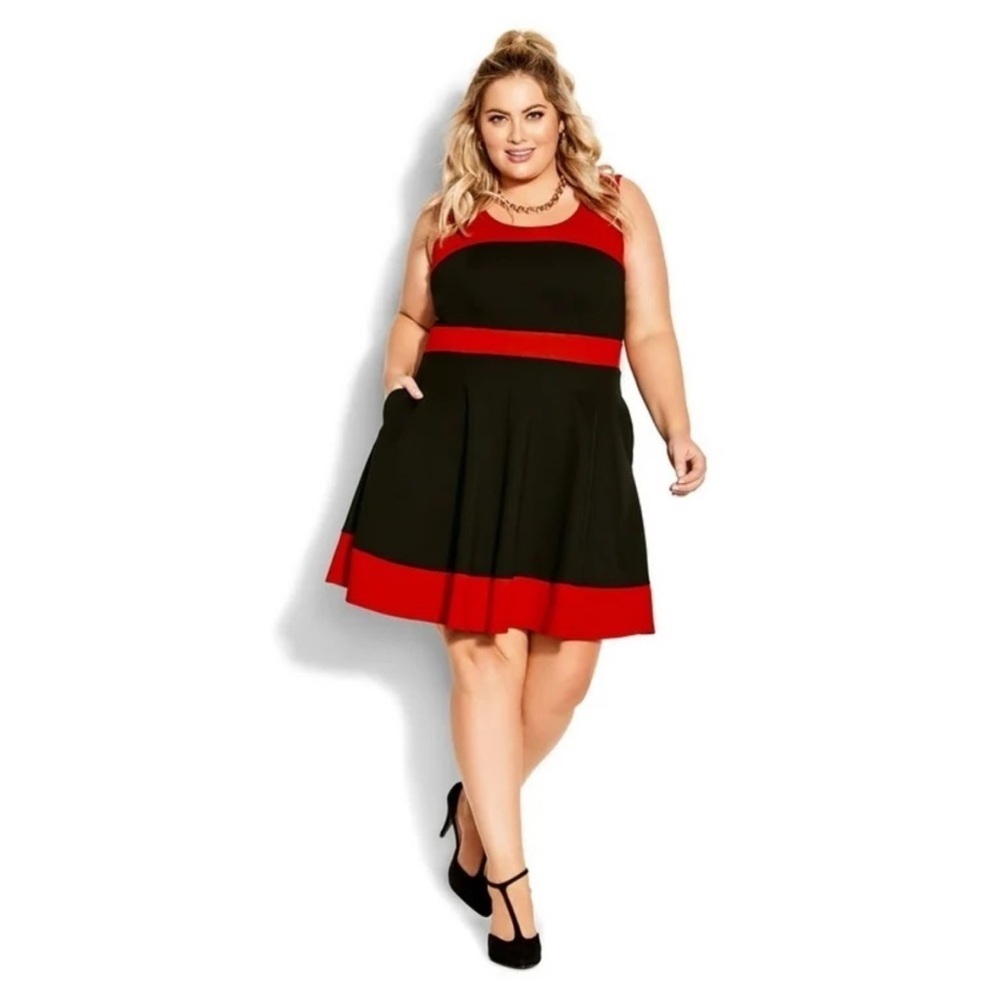 City Chic Retro Splice Skater Sleeveless Dress w/ Pockets Red Black Size 16 EUC
